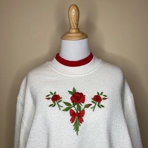 Bon Worth brand sweatshirt, size Petite XL, white with red rose design